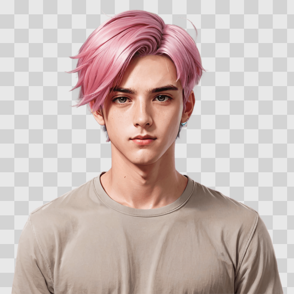 pink hair anime boy A young man with pink hair and blue earrings