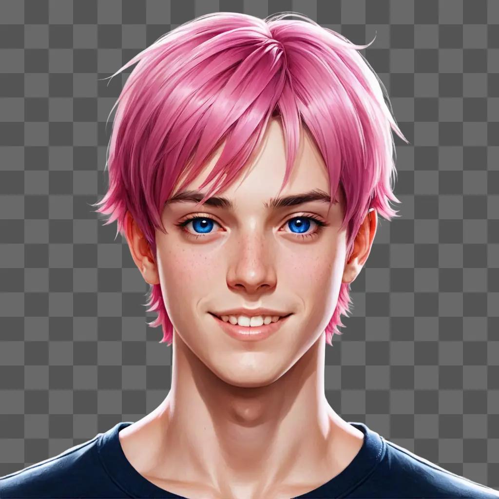 pink hair anime boy A young man with pink hair and blue eyes