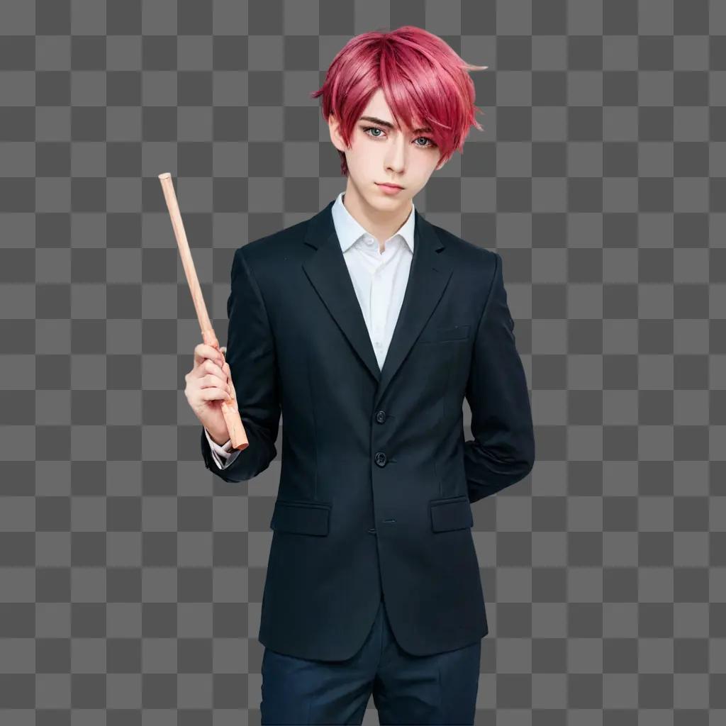 pink hair anime boy Male anime character in suit with pink hair