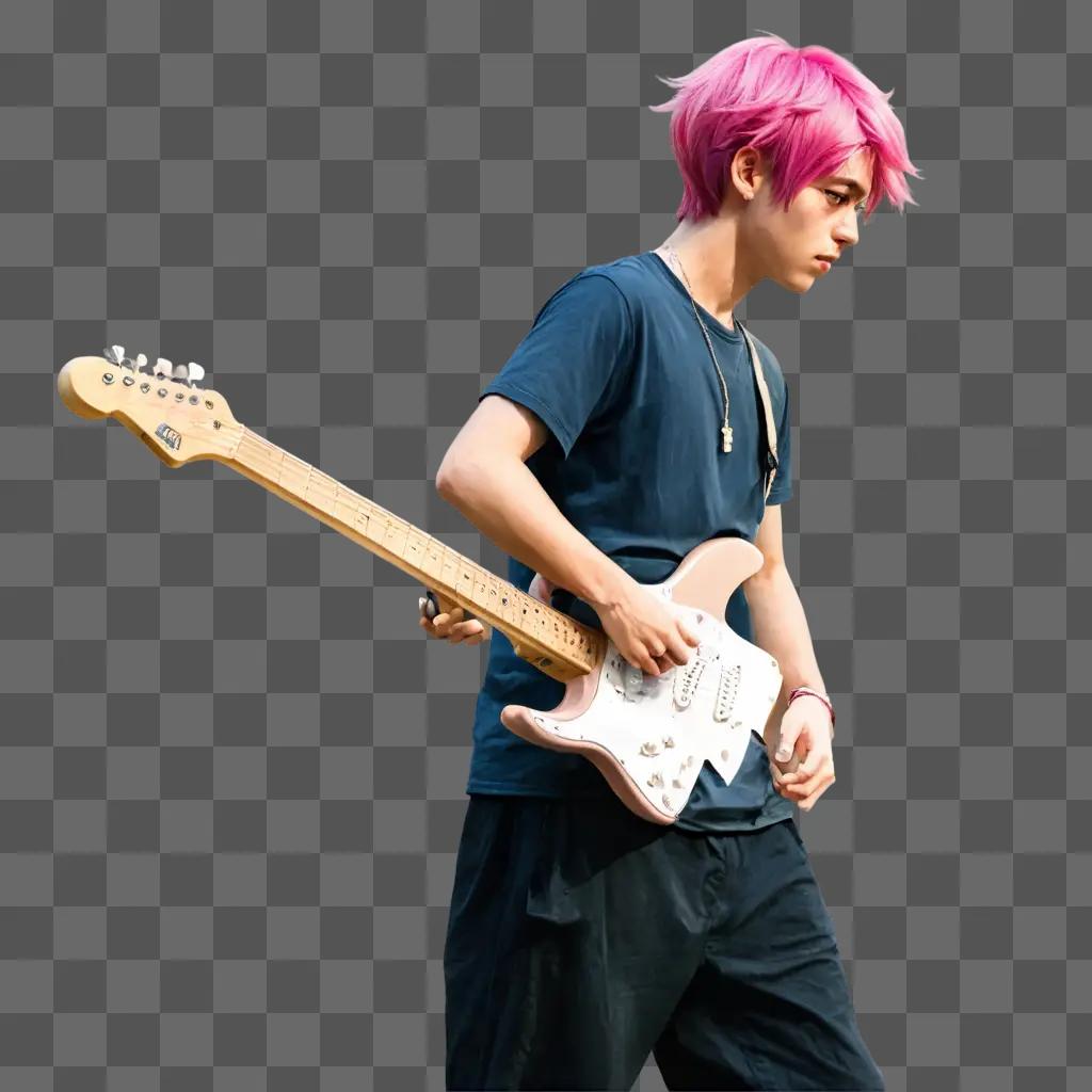 pink hair anime boy Pink-haired man with guitar in the air