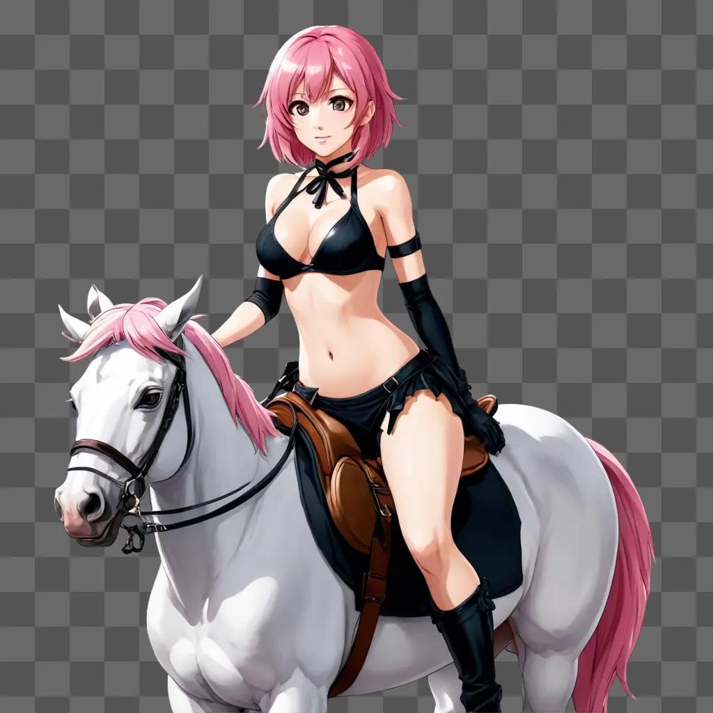 pink hair anime girl A girl in a black bikini sits on a white horse