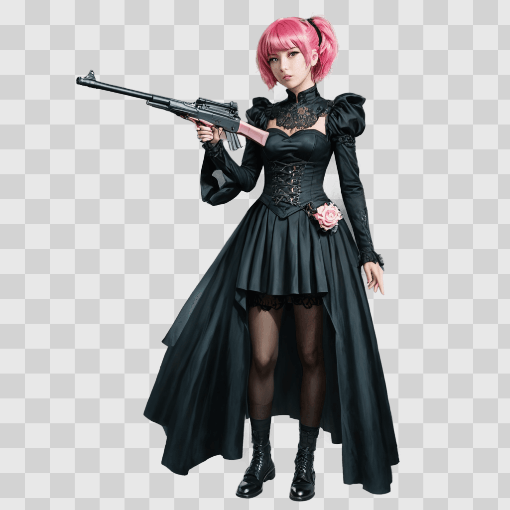 pink hair anime girl A girl in a black dress with a gun