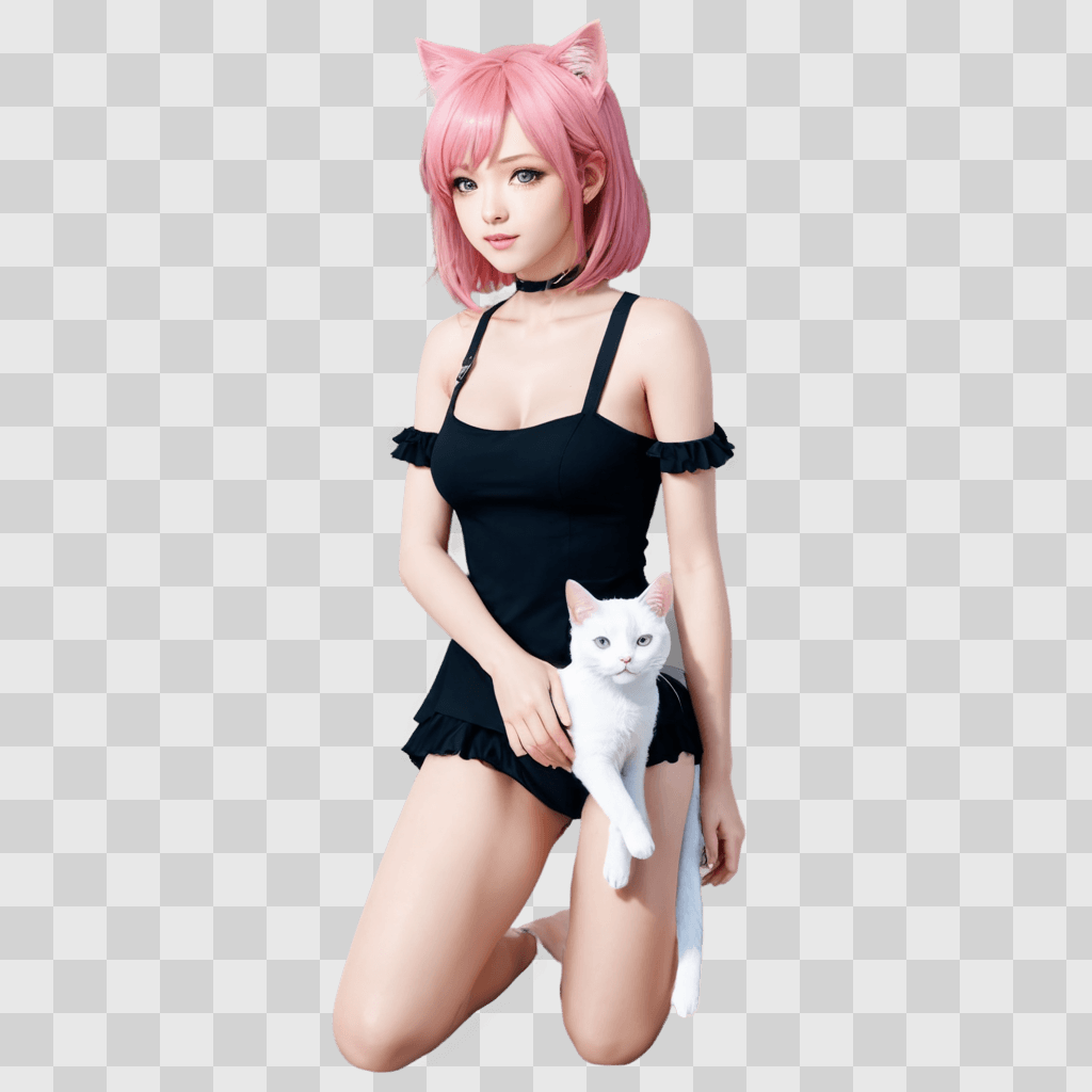 pink hair anime girl A girl in a black dress with pink hair holds a white cat