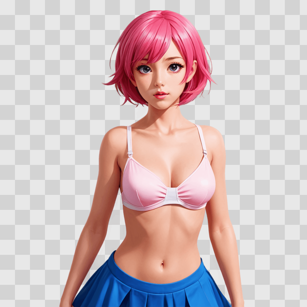 pink hair anime girl A girl in a blue skirt and pink bra