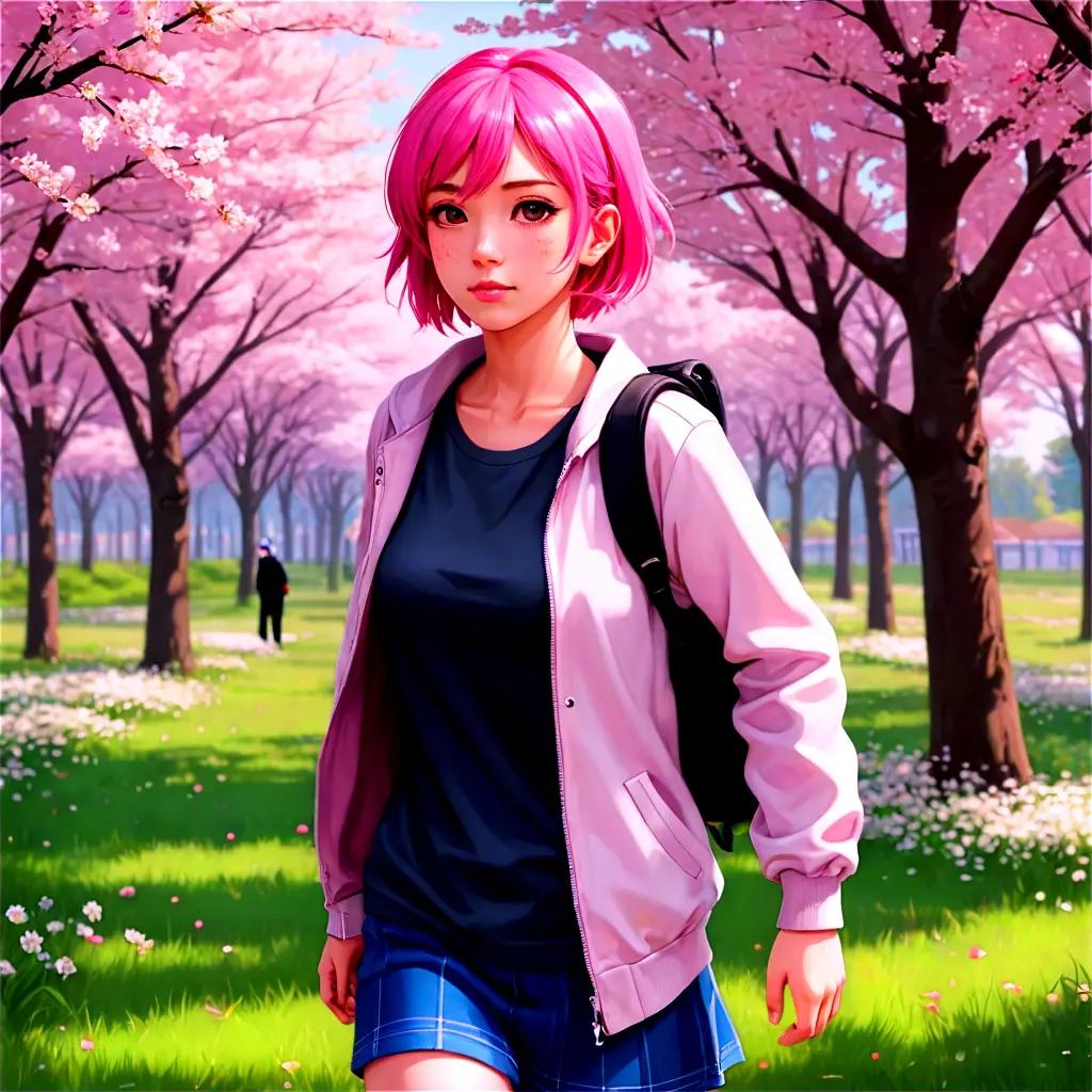 pink hair anime girl A girl in pink walking through a field of pink flowers