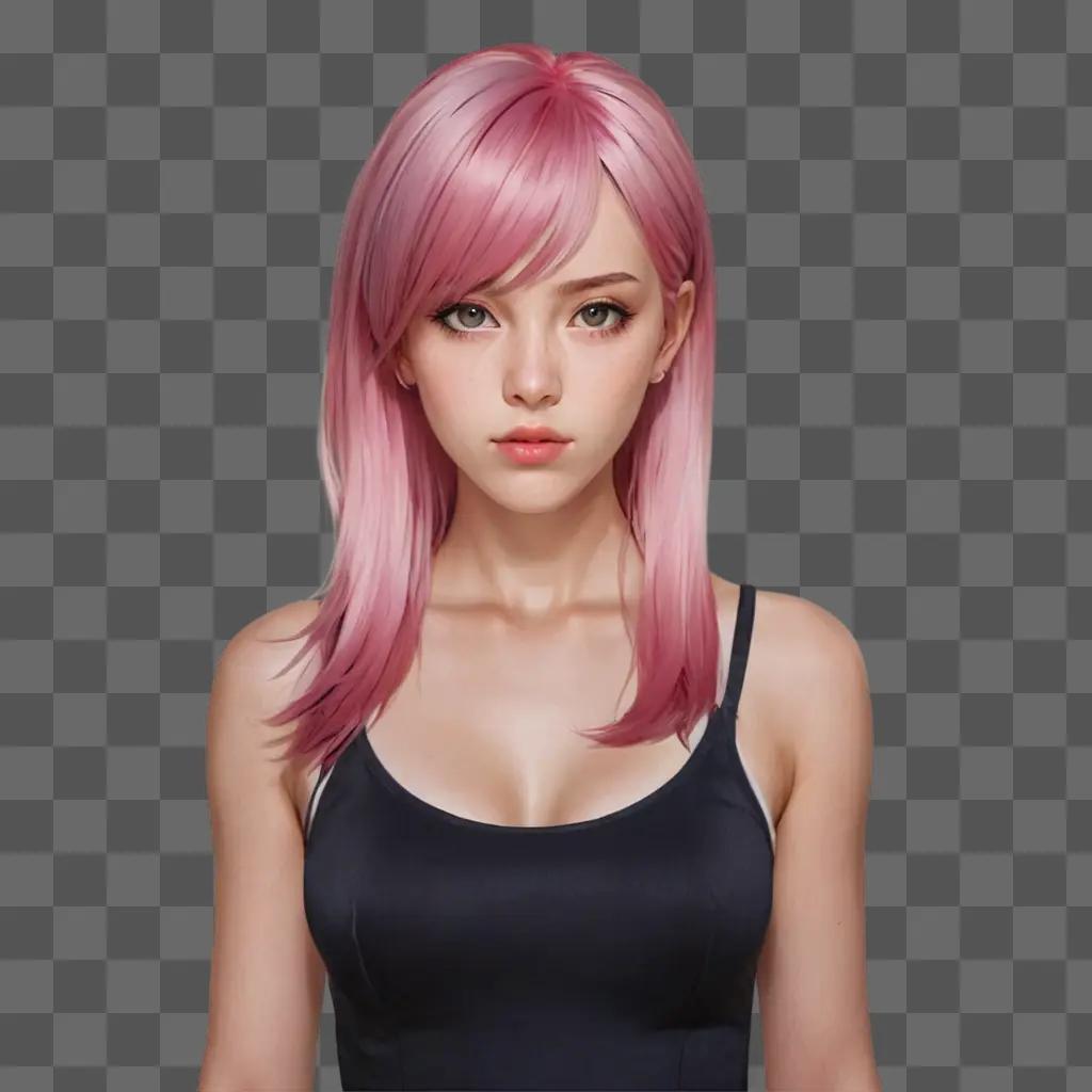 pink hair anime girl A girl with pink hair and a black tank top poses for a photo