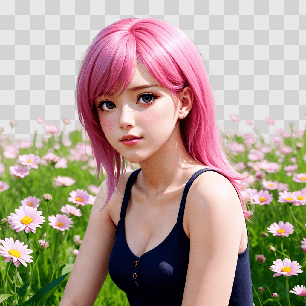 pink hair anime girl A girl with pink hair sits in a field