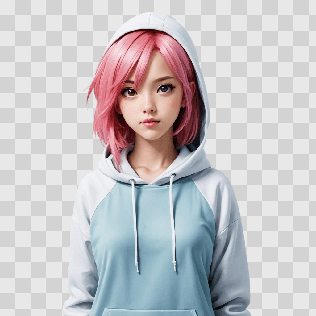 pink hair anime girl A girl with pink hair wearing a blue hoodie