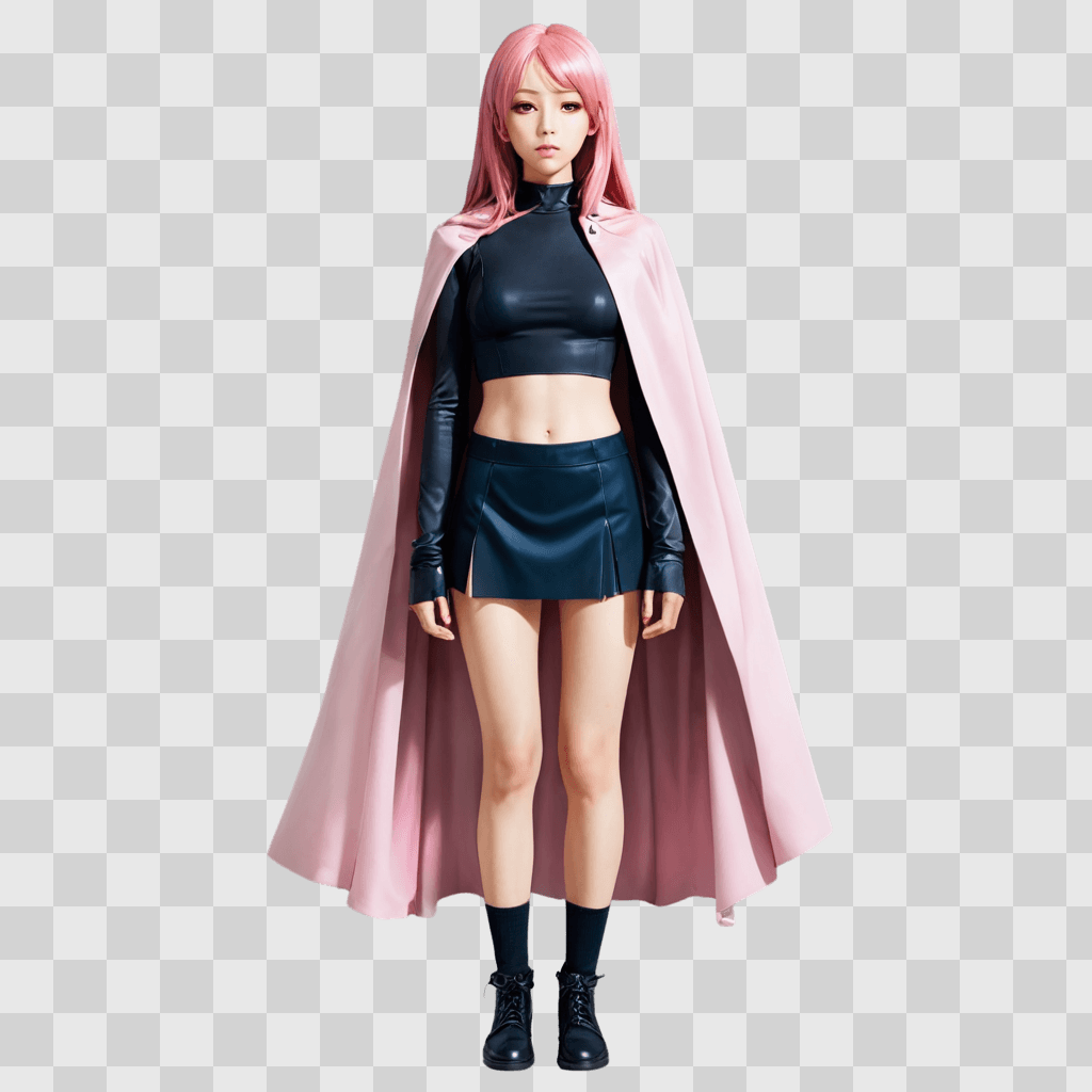 pink hair anime girl A girl with pink hair wears a pink cape