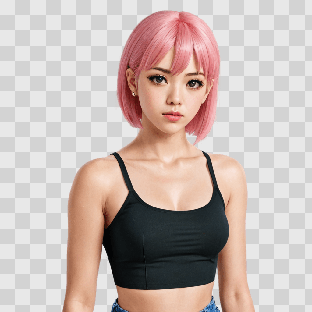 pink hair anime girl A woman with pink hair and a black tank top