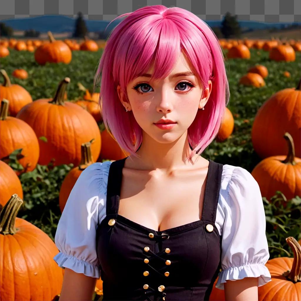 pink hair anime girl A woman with pink hair and black top stands in a pumpkin patch