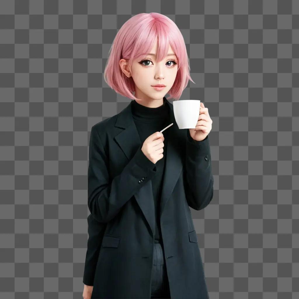 pink hair anime girl A young woman with pink hair and a black jacket