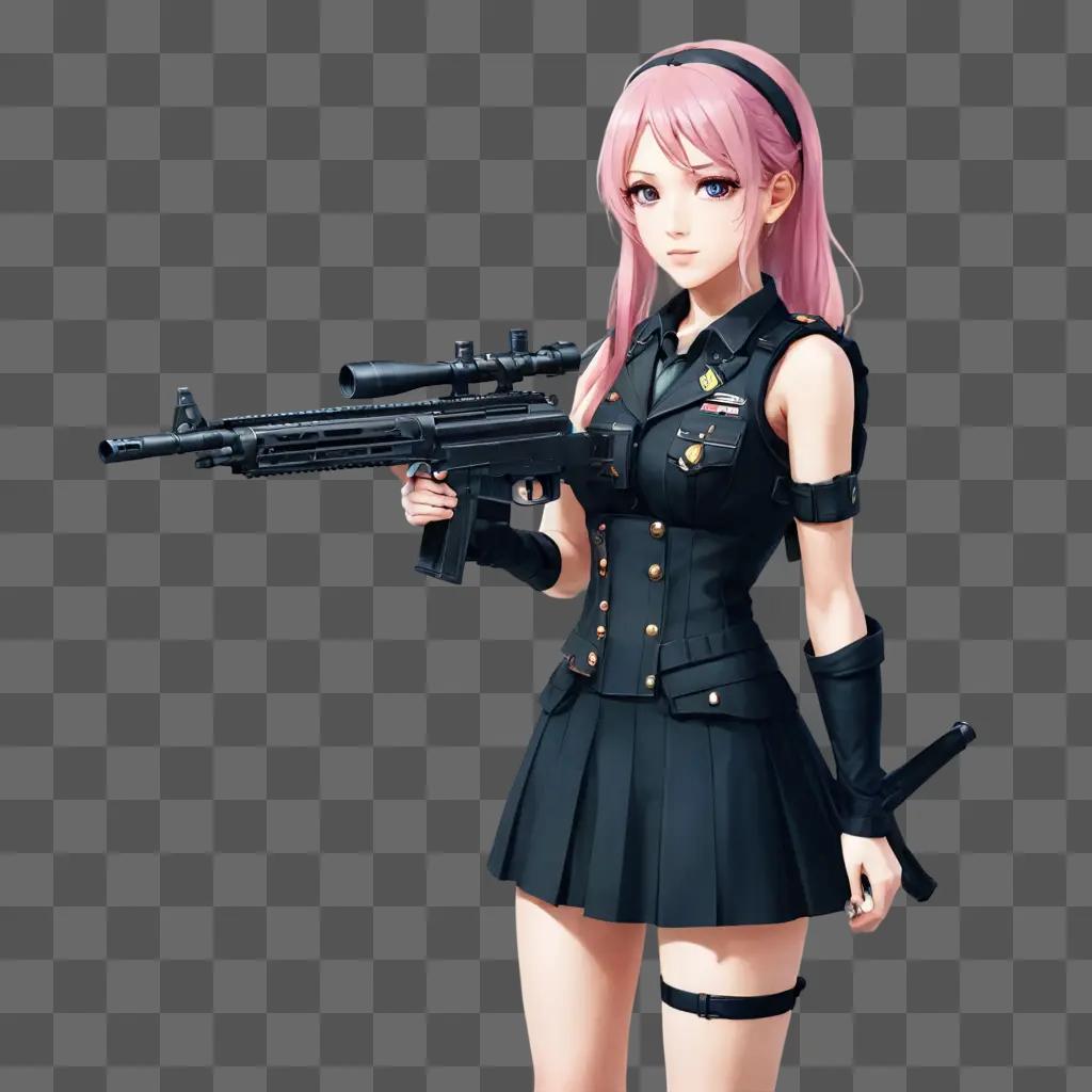 pink hair anime girl An anime girl with pink hair holds a gun