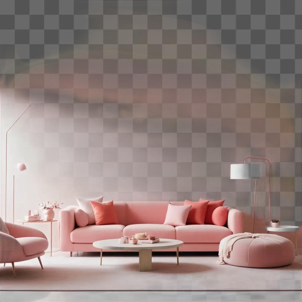 pink living room with a pink sofa and pink cushions