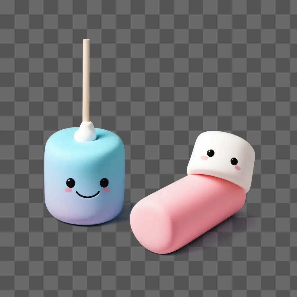 pink marshmallow and a blue marshmallow with a stick