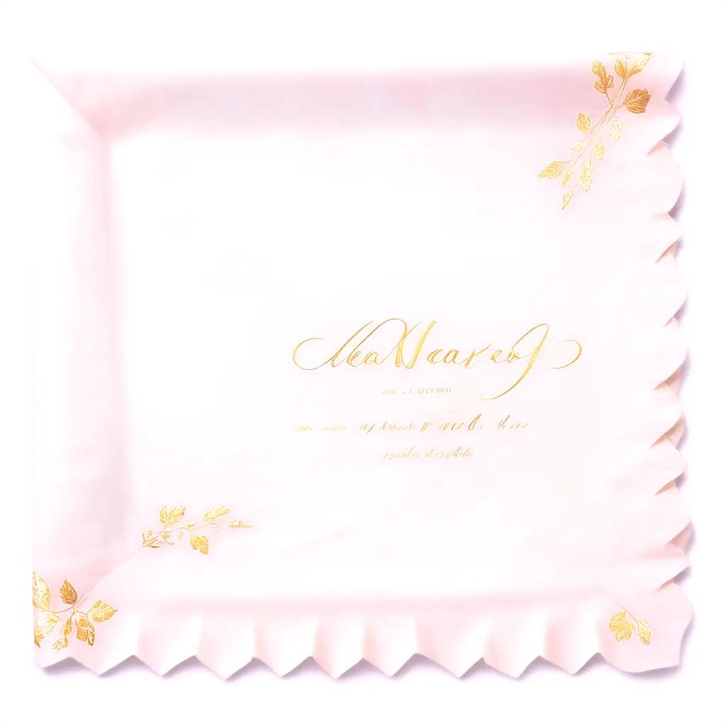 pink napkin with gold leaf and writing on it