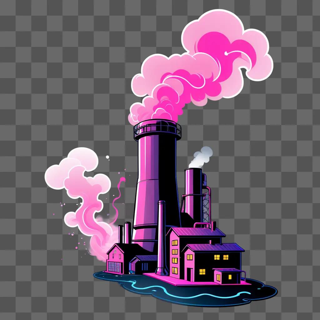 pink smoke chimney in a town scene