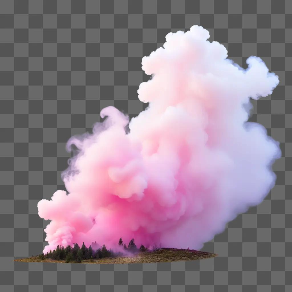 丘の上の木々とピンクの煙雲