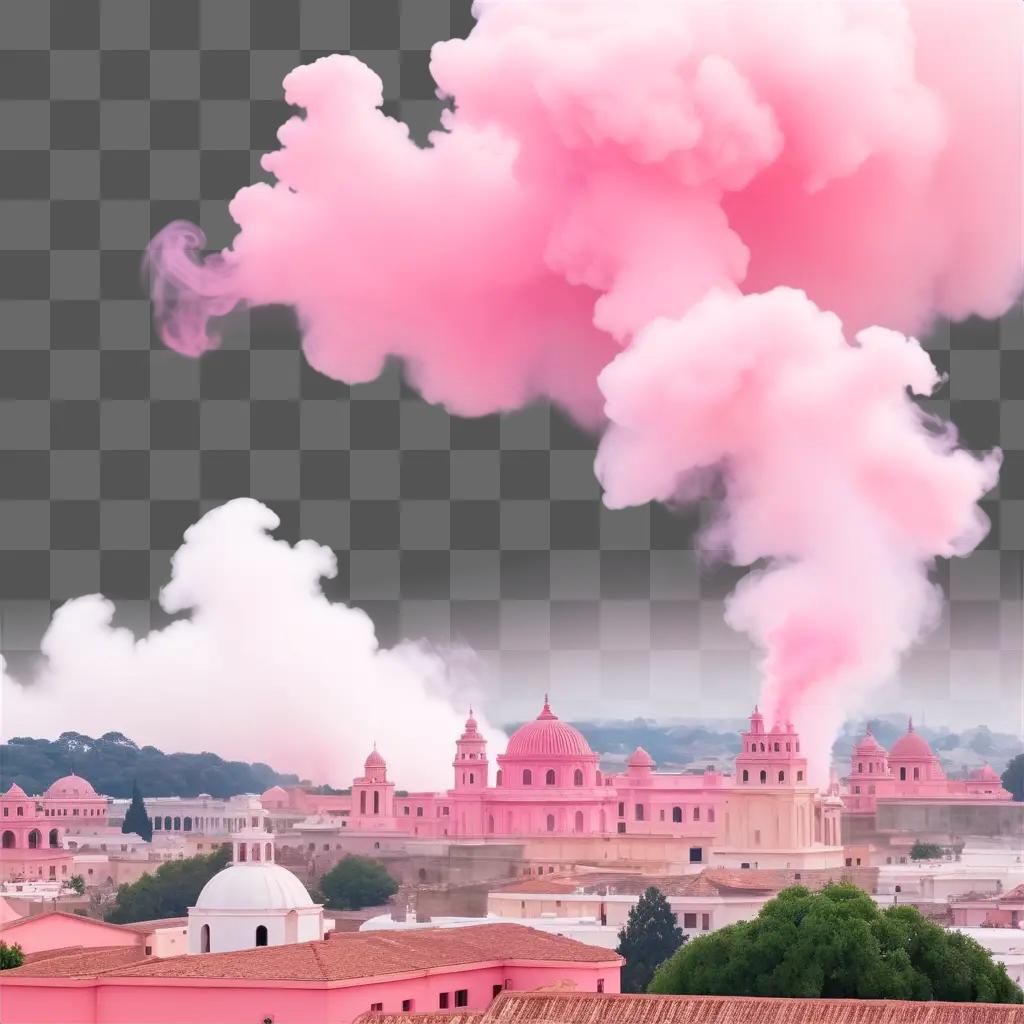 pink smoke filled sky above a pink city