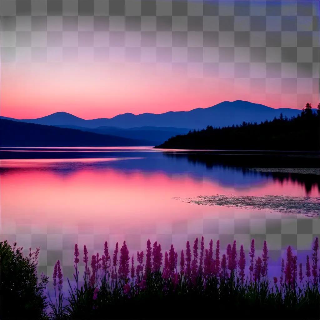 pink sunset with purple mountains and a lake