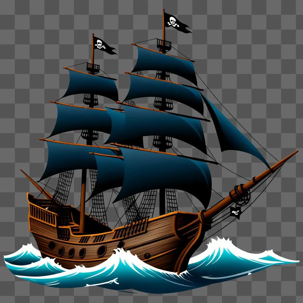 海に浮かぶ黒い帆を張った海賊船