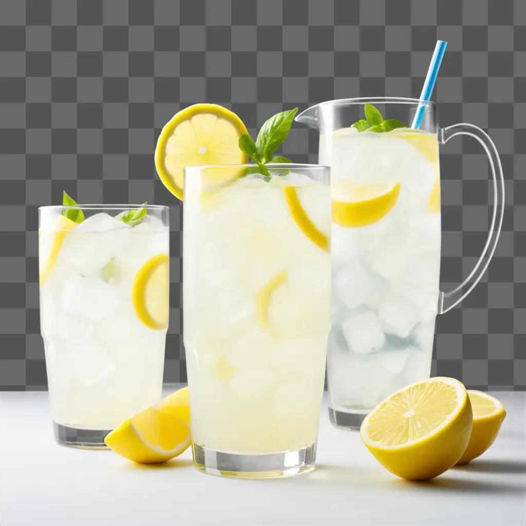 pitcher and glasses of lemonade with ice and slices of lemon