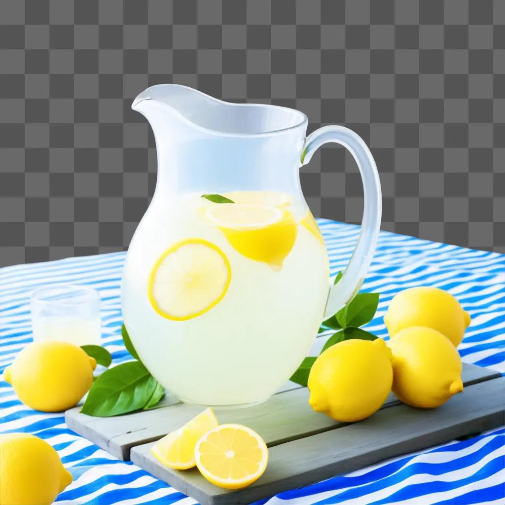 pitcher of lemonade with slices of lemon and a cup