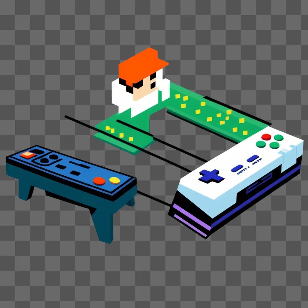 pixelated video gaming clipart with a blue joystick and a green controller