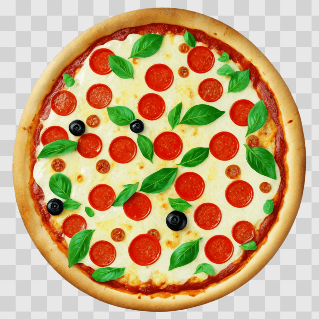 pizza clipart A pizza with pepperoni and basil on a brown background