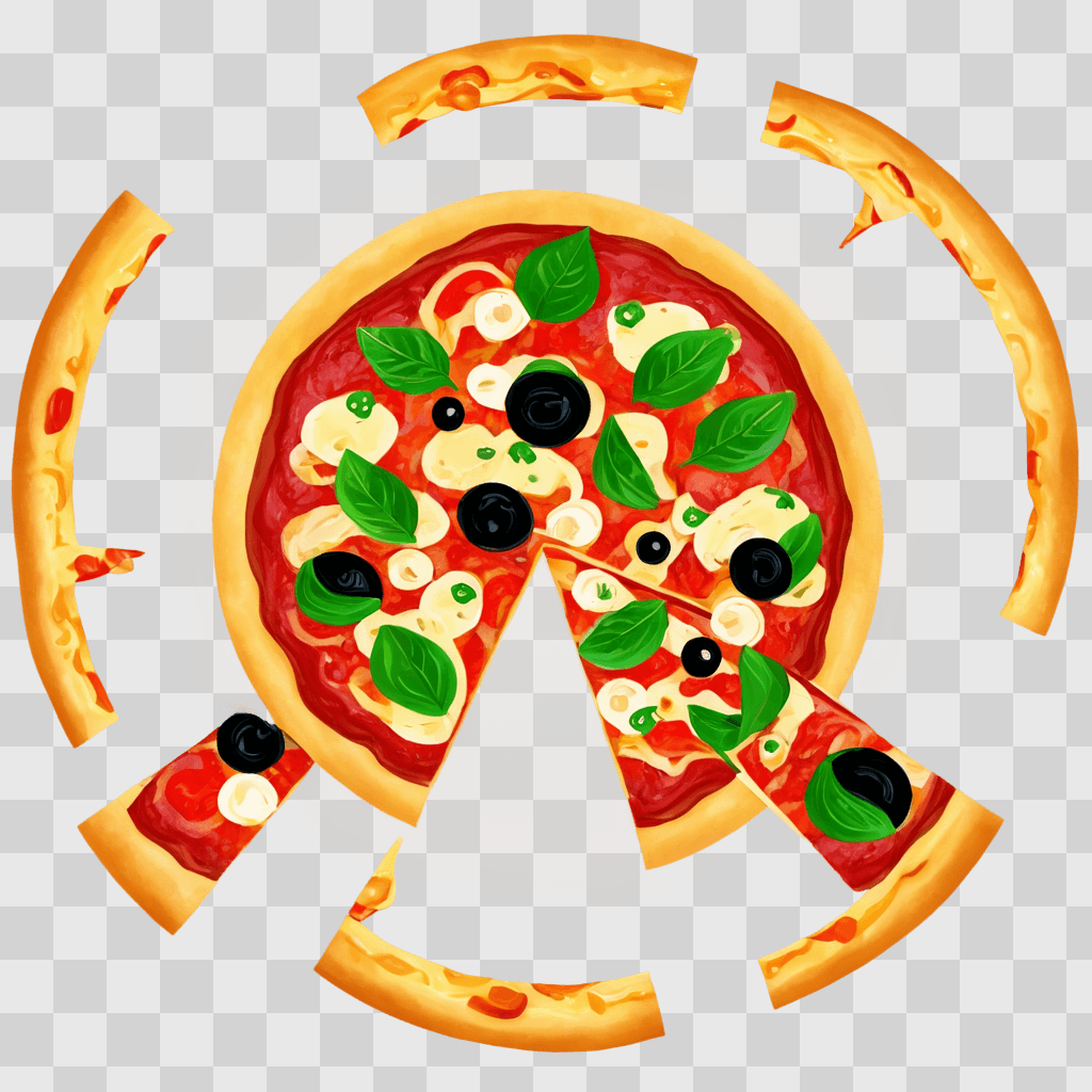 pizza clipart Pizza with olives and mushrooms on a yellow background