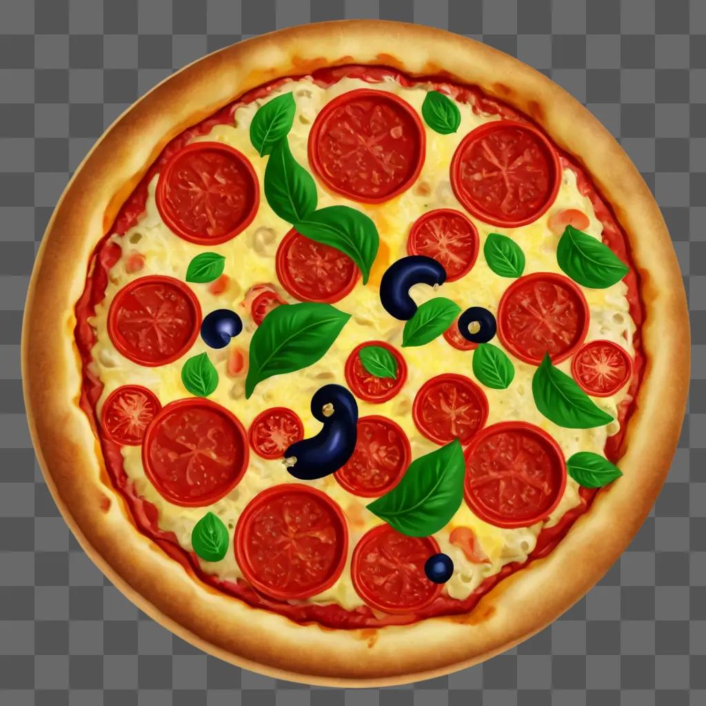 pizza clipart Pizza with toppings and basil leaves on a brown background