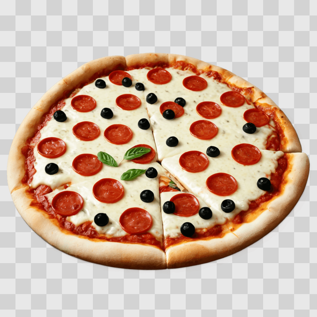 pizza clipart black and white A pizza with pepperoni and black olives is cut in half