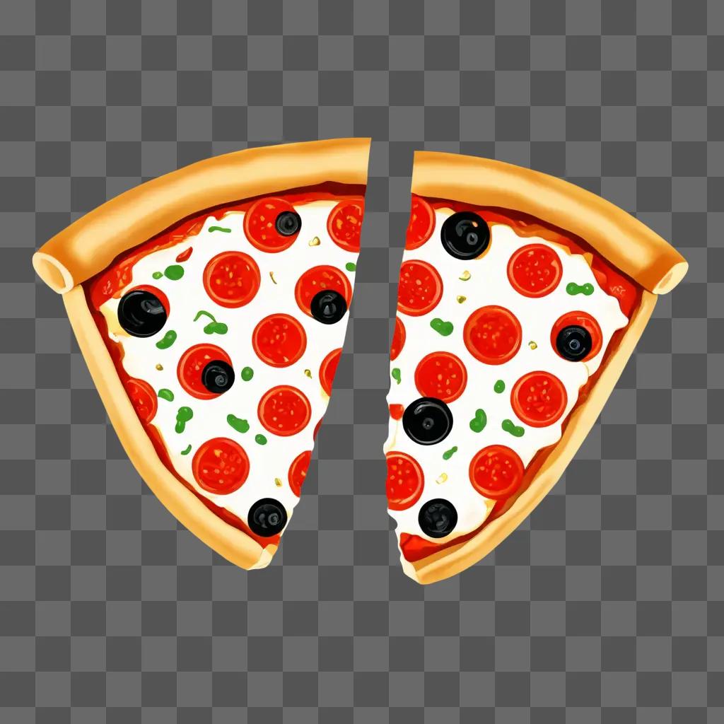 pizza clipart black and white Two slices of pizza with black olives and peppers