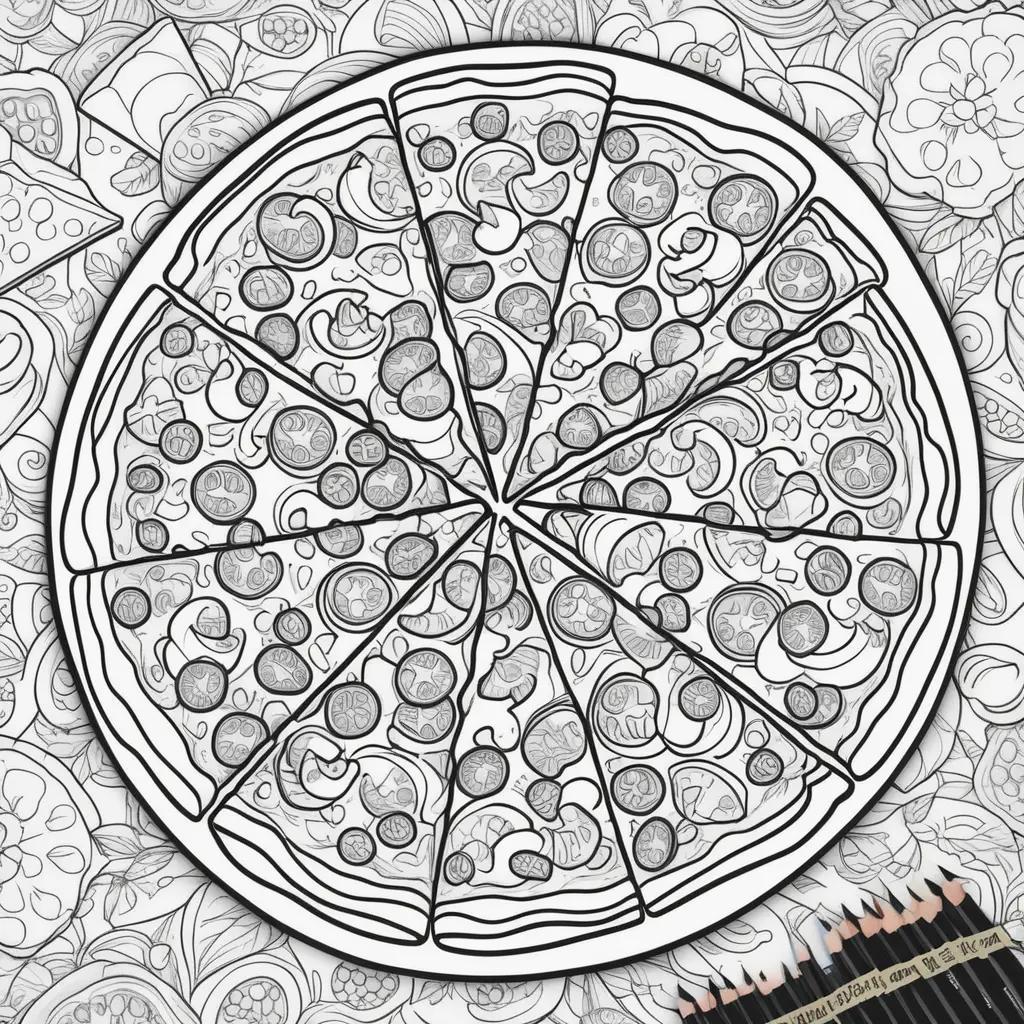 pizza coloring page with various toppings and a black and white background