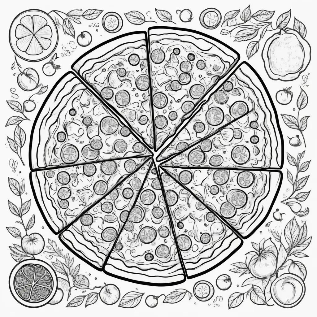 pizza coloring page with various toppings and a tree