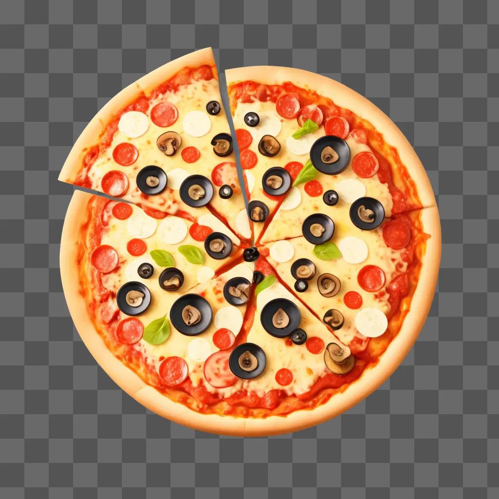 pizza with black olives and peppers on a table