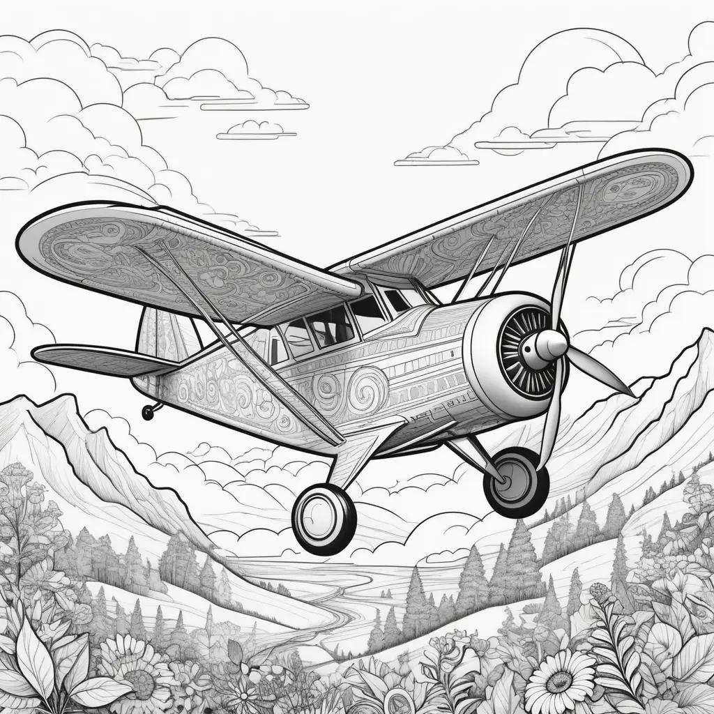 plane coloring page with a mountain and flower scene