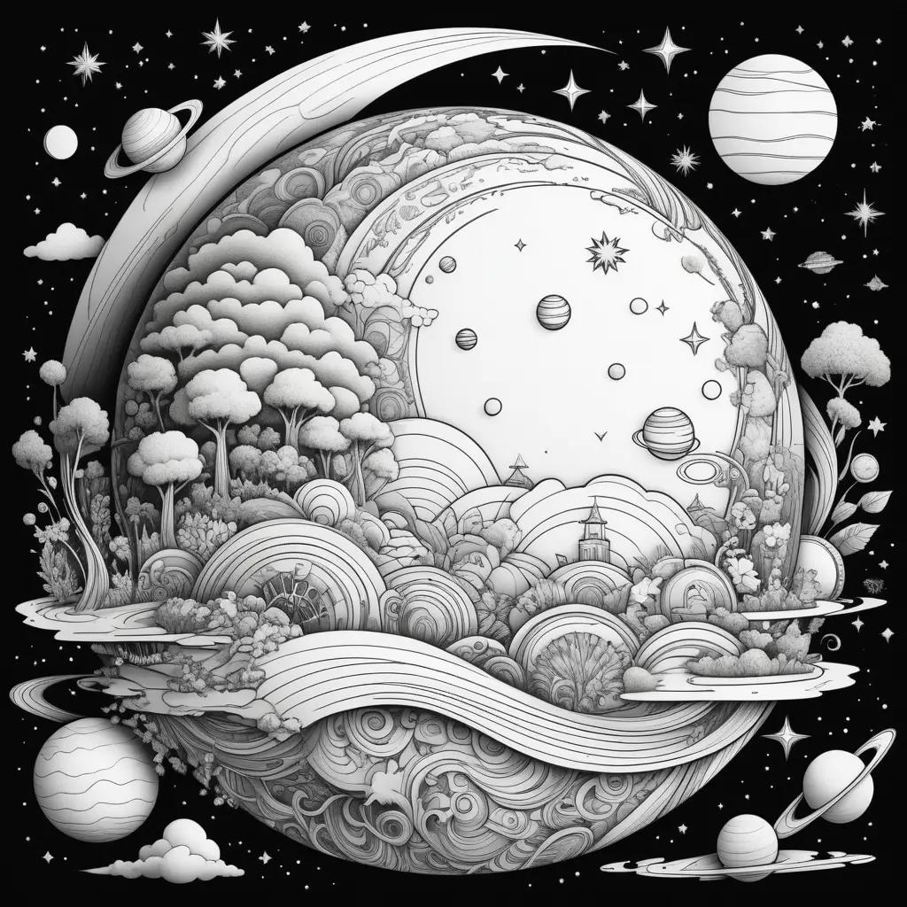 planet coloring page with a lot of trees and a moon