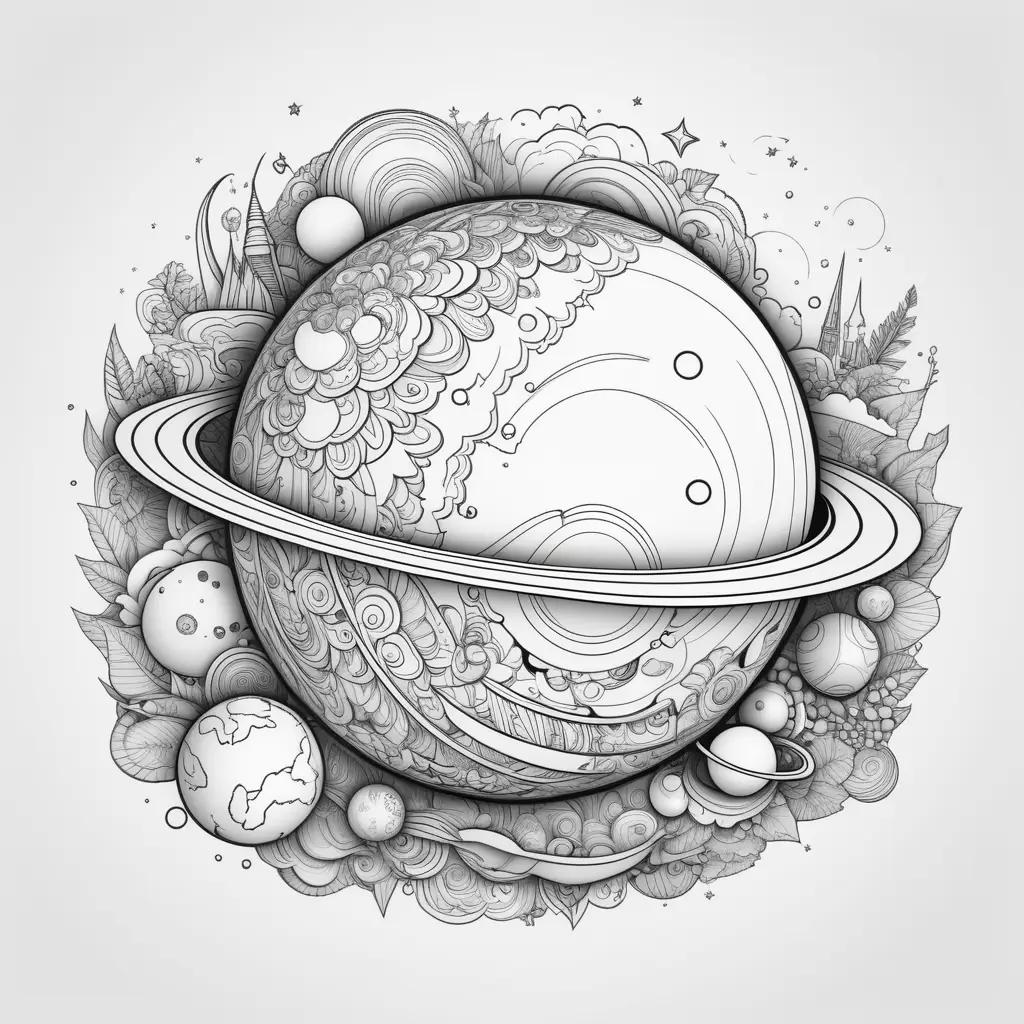 planet coloring page with various elements surrounding it