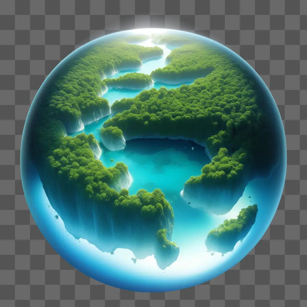 planet in a transparent sphere with trees and lakes