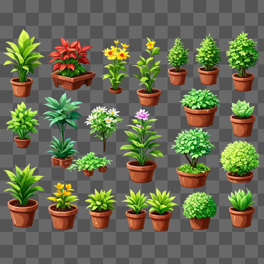 plant clipart A collection of plant pots on a green background