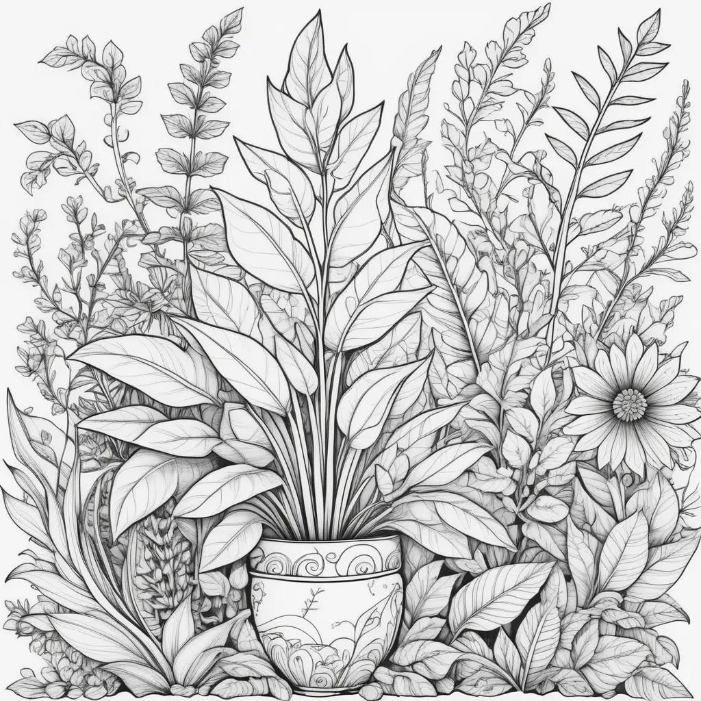 plant coloring page with a flower and a plant in a vase