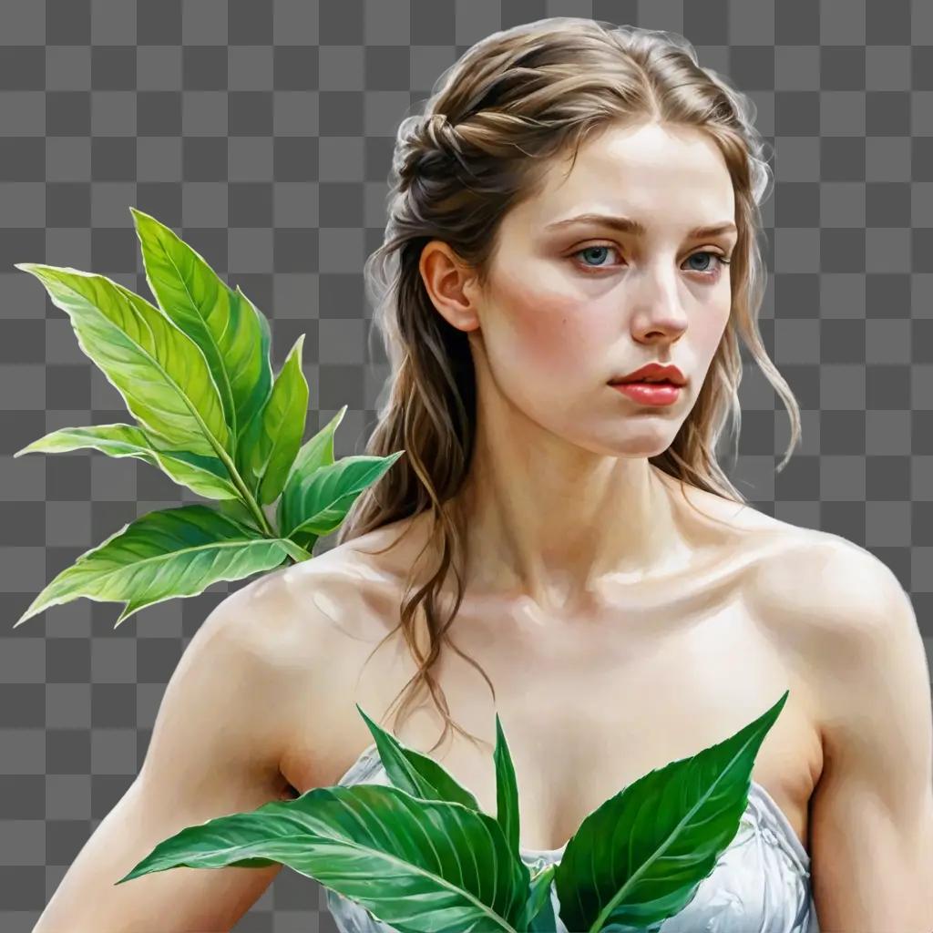 plant drawing realistic A young woman in a dress with green leaves