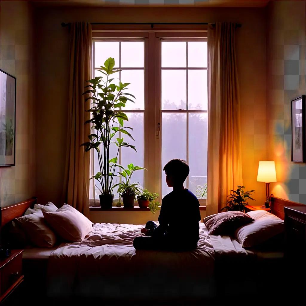 plant silhouette A child sits on bed with plants and window