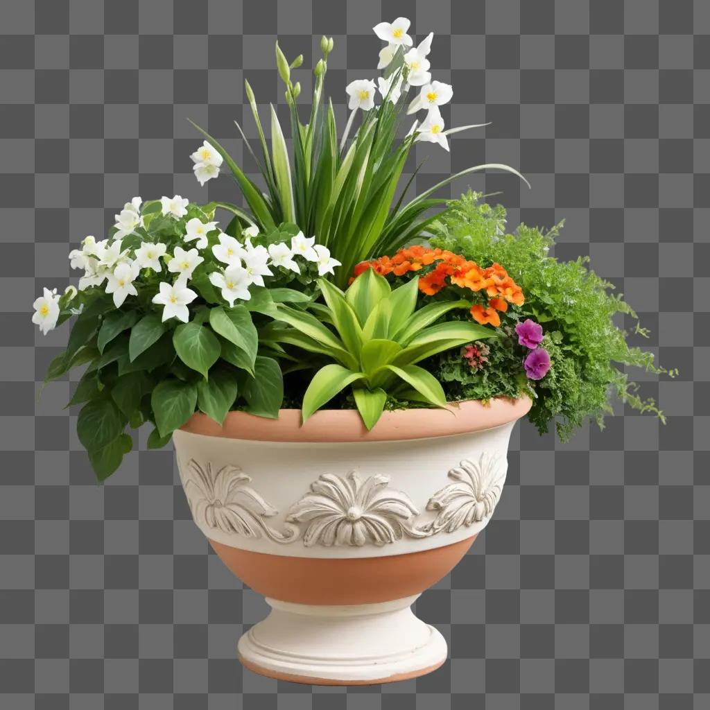 planter pot filled with various flowers and greenery