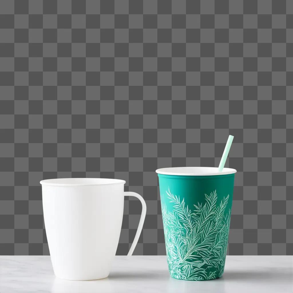 plastic cup with a green and white leaf design sits on a table