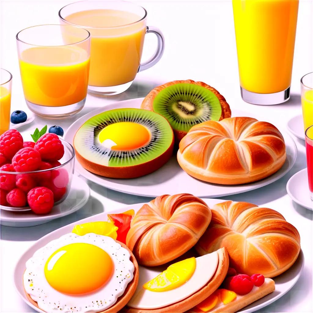 plate of breakfast food and a glass of orange juice