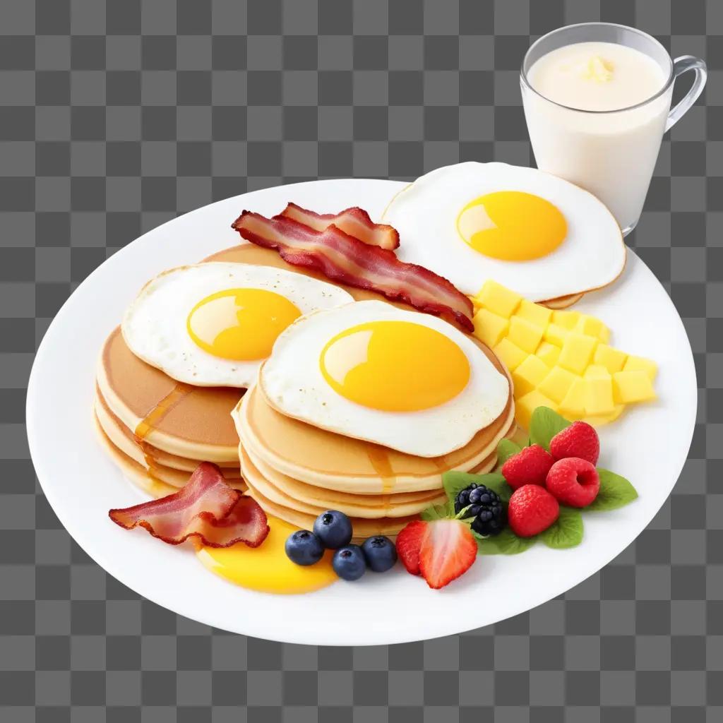 plate of breakfast items with egg, bacon, and pancakes