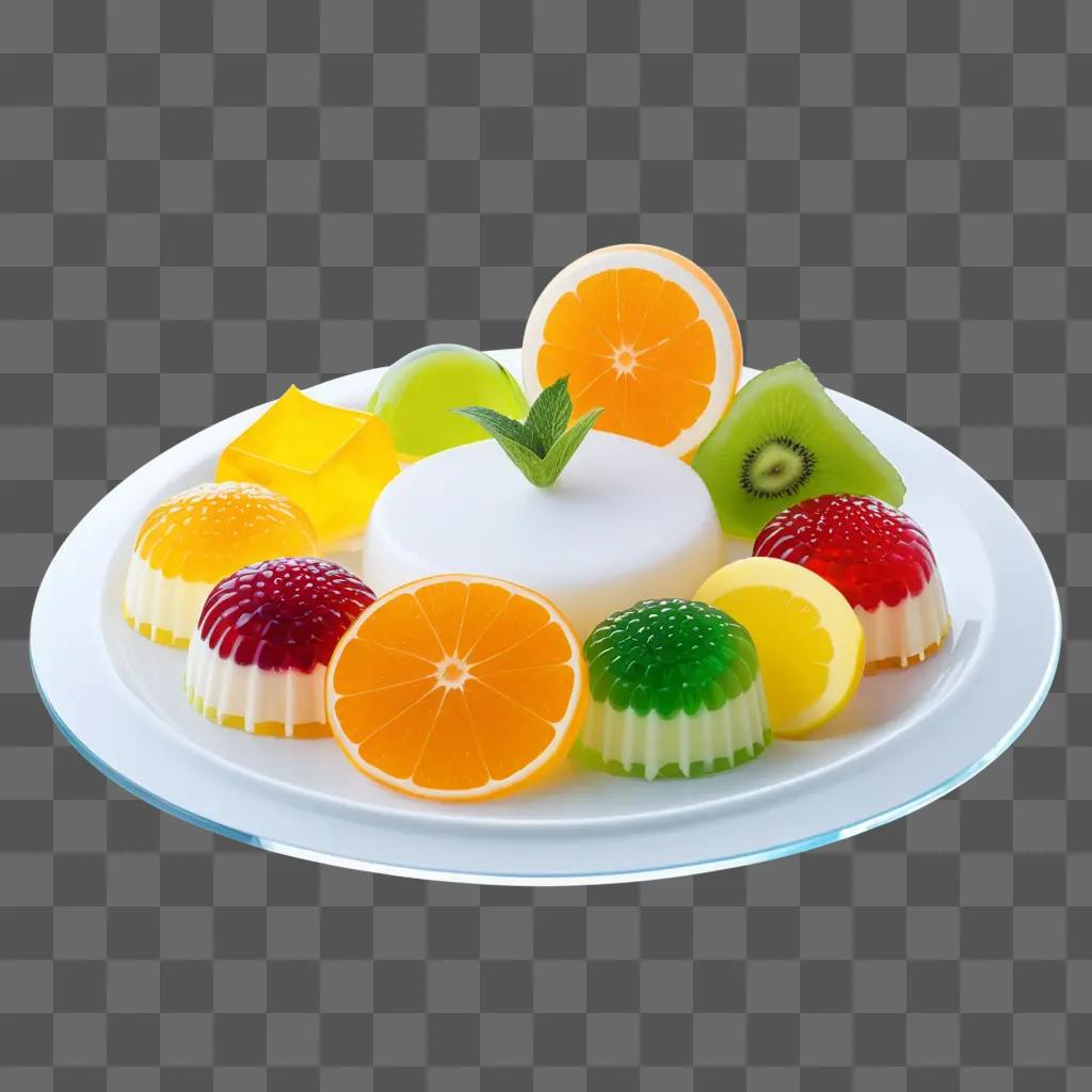 plate of colorful fruit and gelatinous desserts