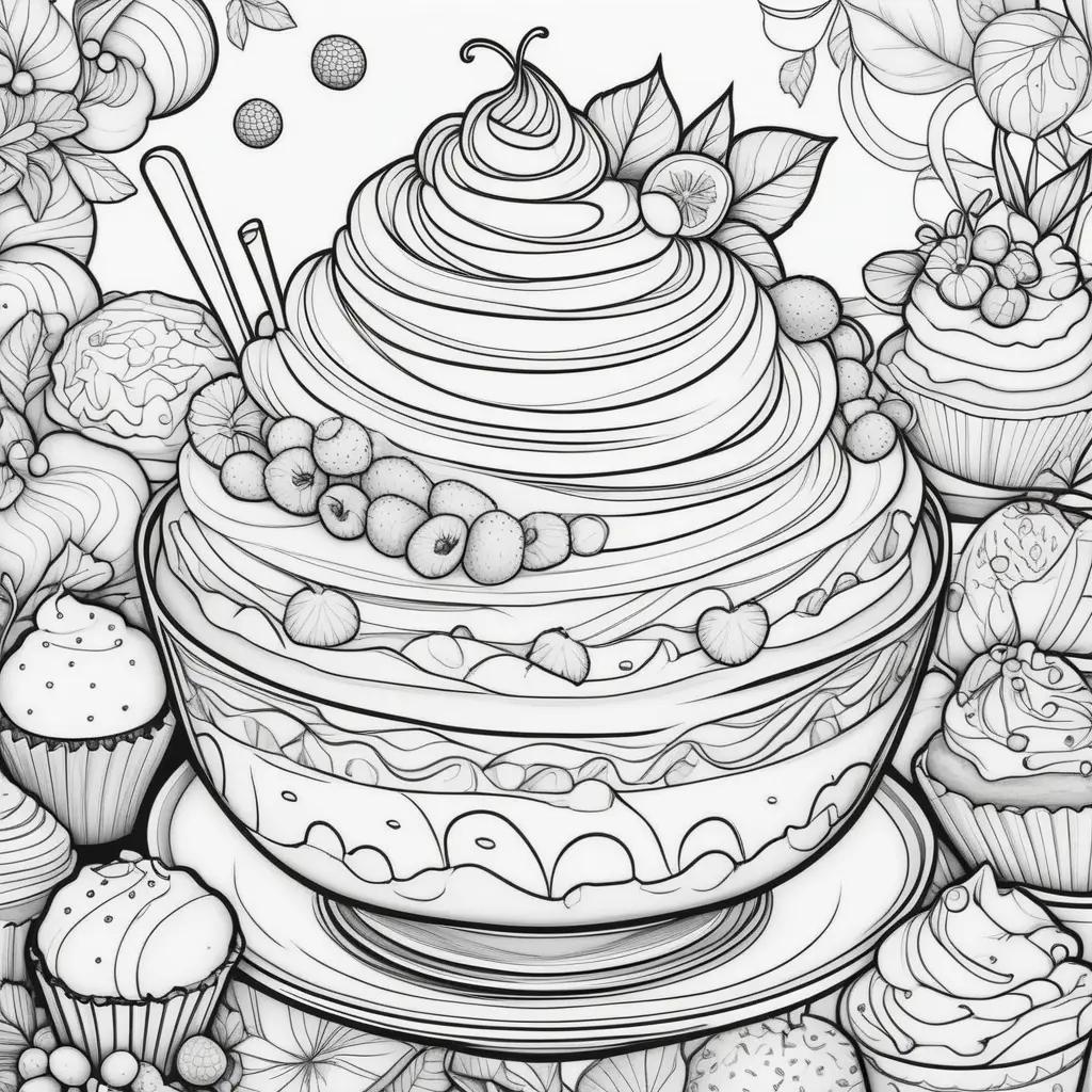 plate of desserts and cupcakes with black and white coloring pages